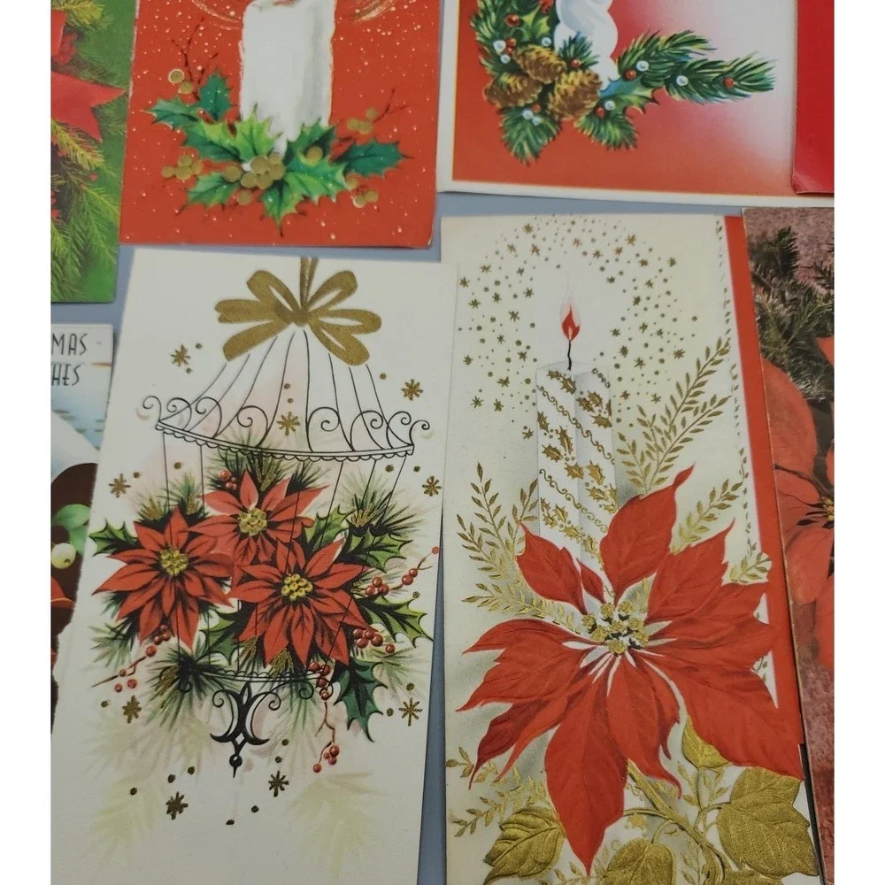13 Old Vintage Used Greeting Card Fronts Crafts Poinsetta Candle Evergreen Holly